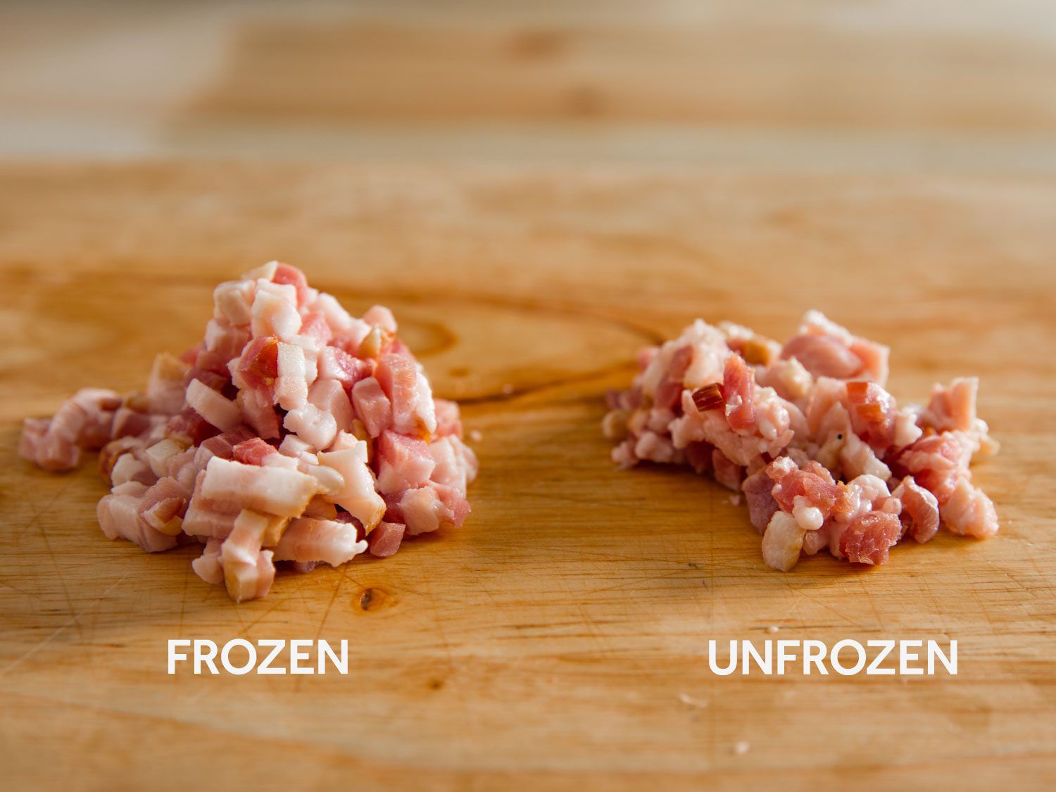 Comparison of frozen, diced bacon and bacon diced at room temperature.