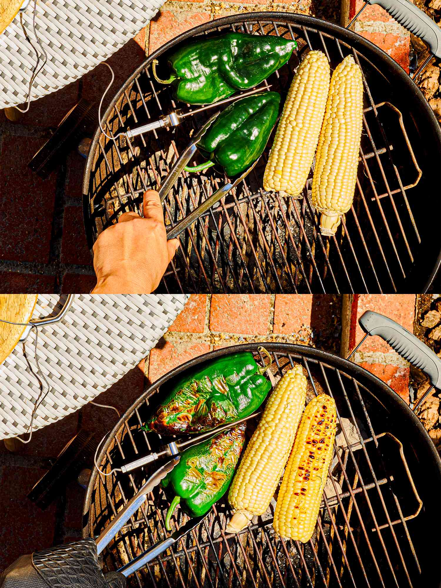 Two image collage of grilling peppers and corn