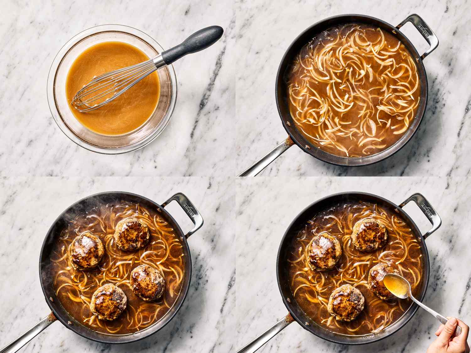 4 image collage. Top left: whisked sauce Top Right: cooking broth with sliced onions. Bottom left: cooking beef patties in gravy. Bottom left:spooning sauce over patties