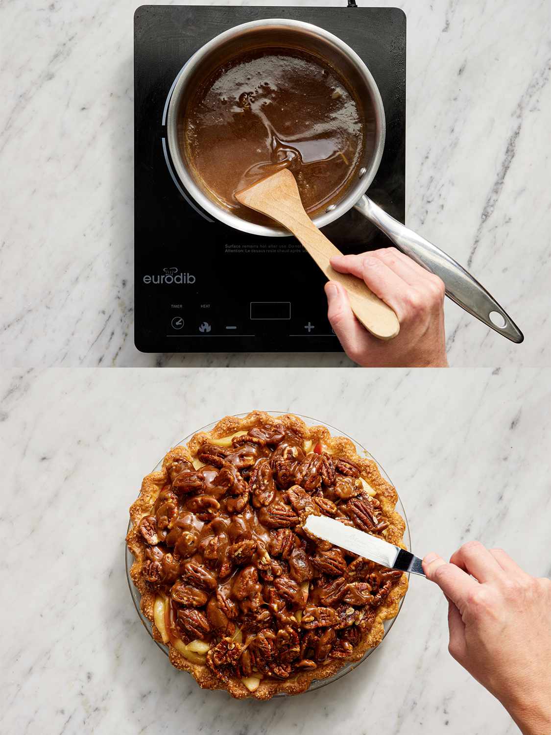 Two image collage of top: caramel bourbon mixture being cooked, then bottom: spread between pecan on pie 