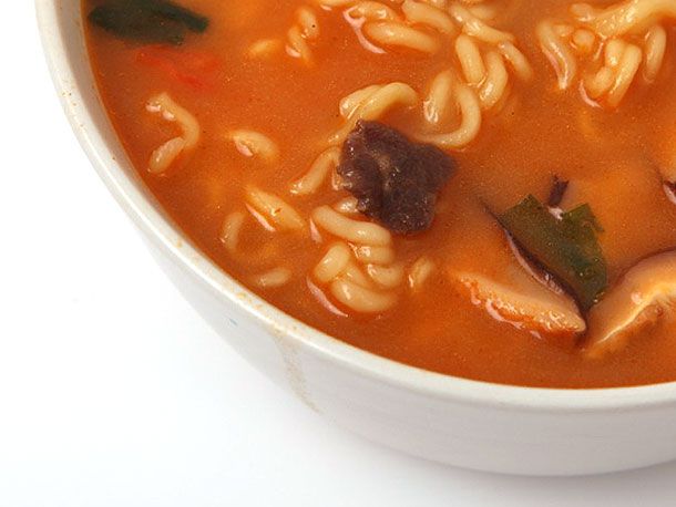 A close up of the pieces of beef in the Shin Ramyun Black.
