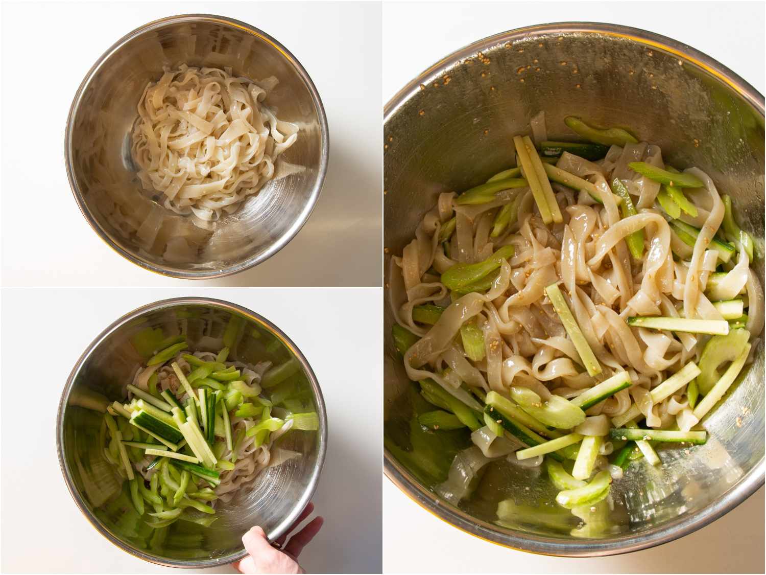 Tossing noodles with cucumbers, celery, and sauce before serving.