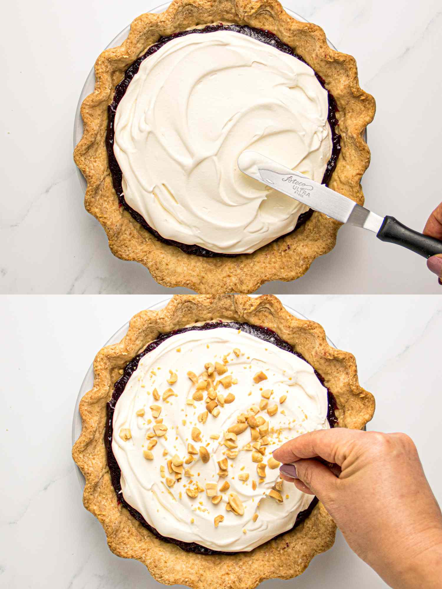Twostep process of decorating a pie spreading whipped topping and sprinkling peanuts on top