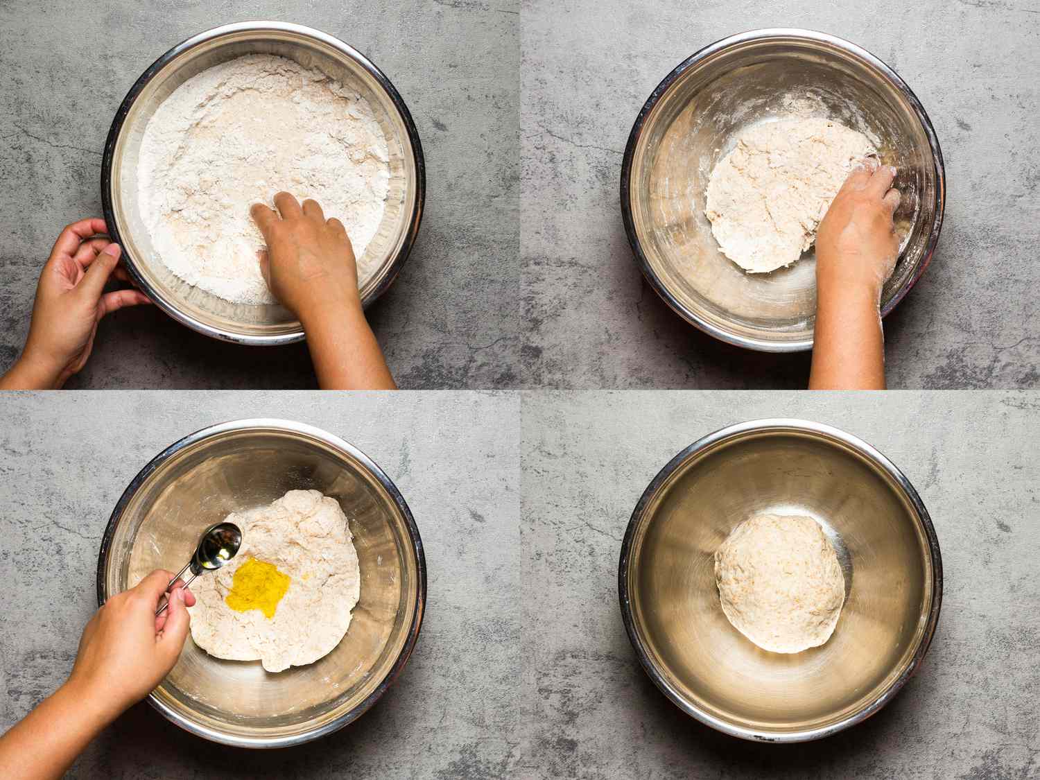 Four image collage of making dough