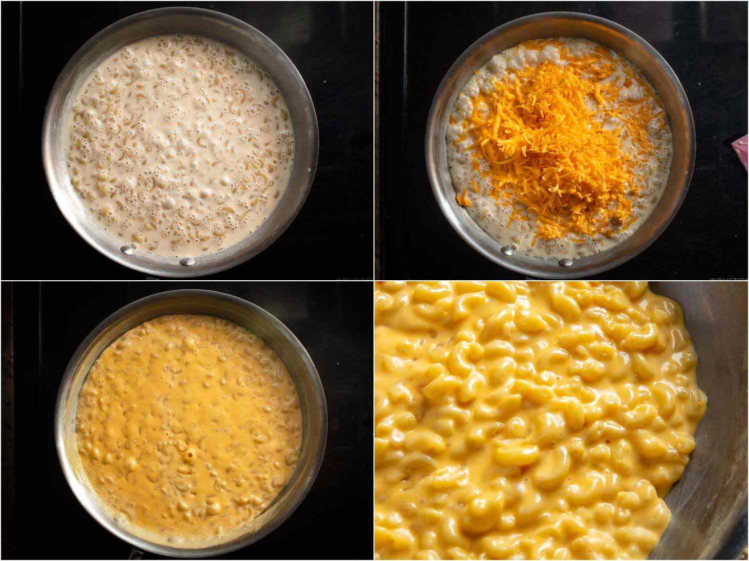 A collage showing the steps to making 3-ingredient mac and cheese. The evaporated milk is added to cooked pasta. The second photo shows shredded cheddar cheese added to the pasta and milk. The third photo shows the cheese is melted but not yet incorporated. The fourth photo shows the cheese sauce enveloping the noodles. 