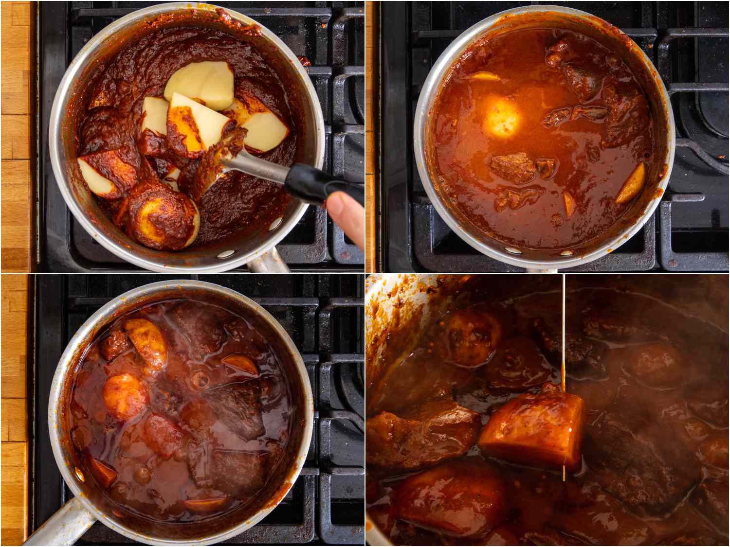 collage: fish sauce added with potatoes, beef added in; simmering; showing the tenderness of a cooked potato
