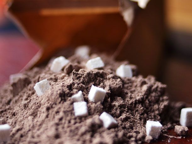 A pile of dry homemade cocoa mix with mini marshmallows