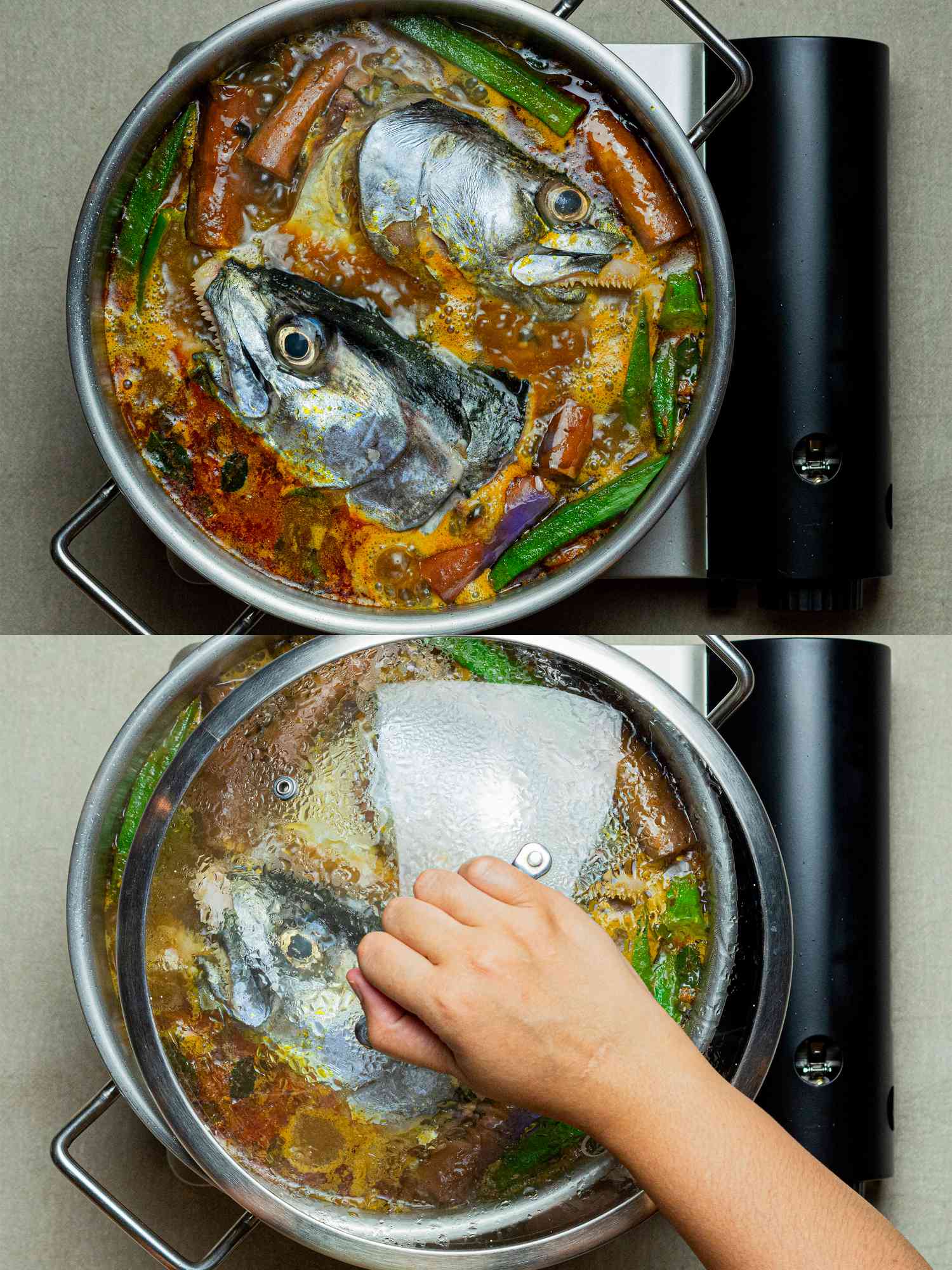 Overhead view of adding fishhead and covering with lid