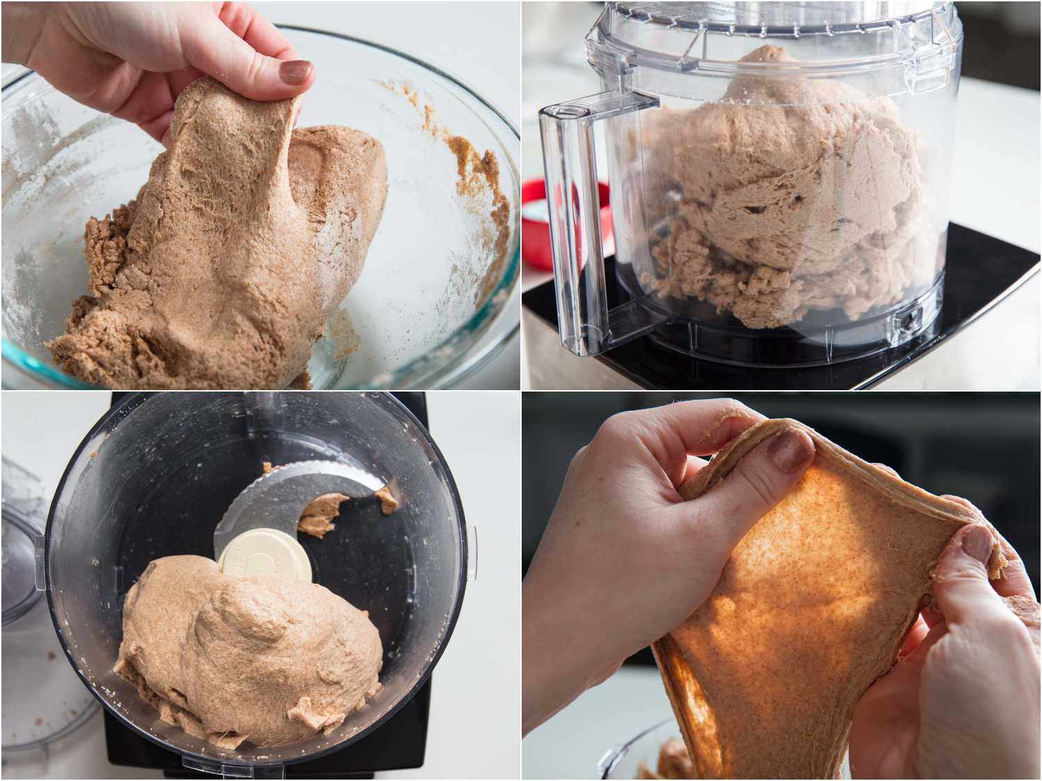A collage of four images: checking consistency of the autolyse, processing the dough in a food processor and stretching the dough into a thin sheet to check the right consistency.