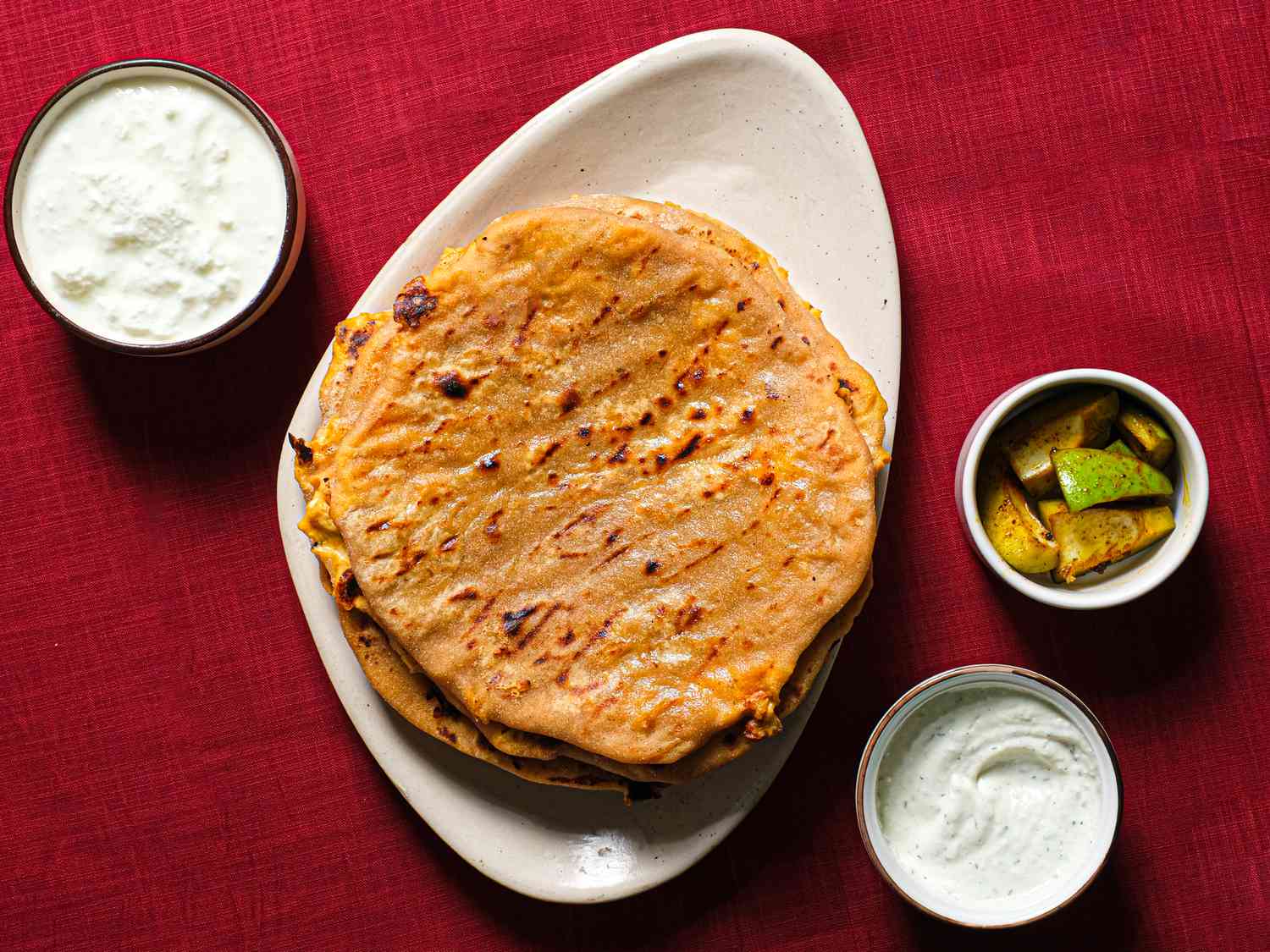 Overhead view of buffalo chicken and cheese partha