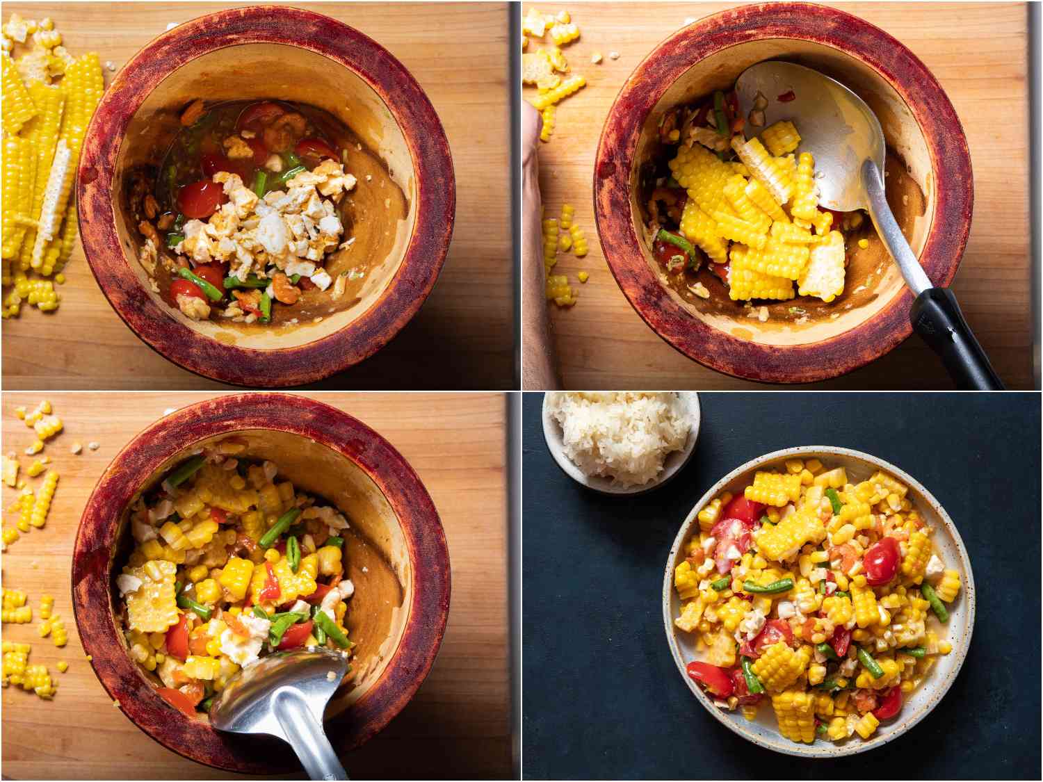 Adding salted duck egg and corn to mortar, and mixing until evenly coated with dressing.