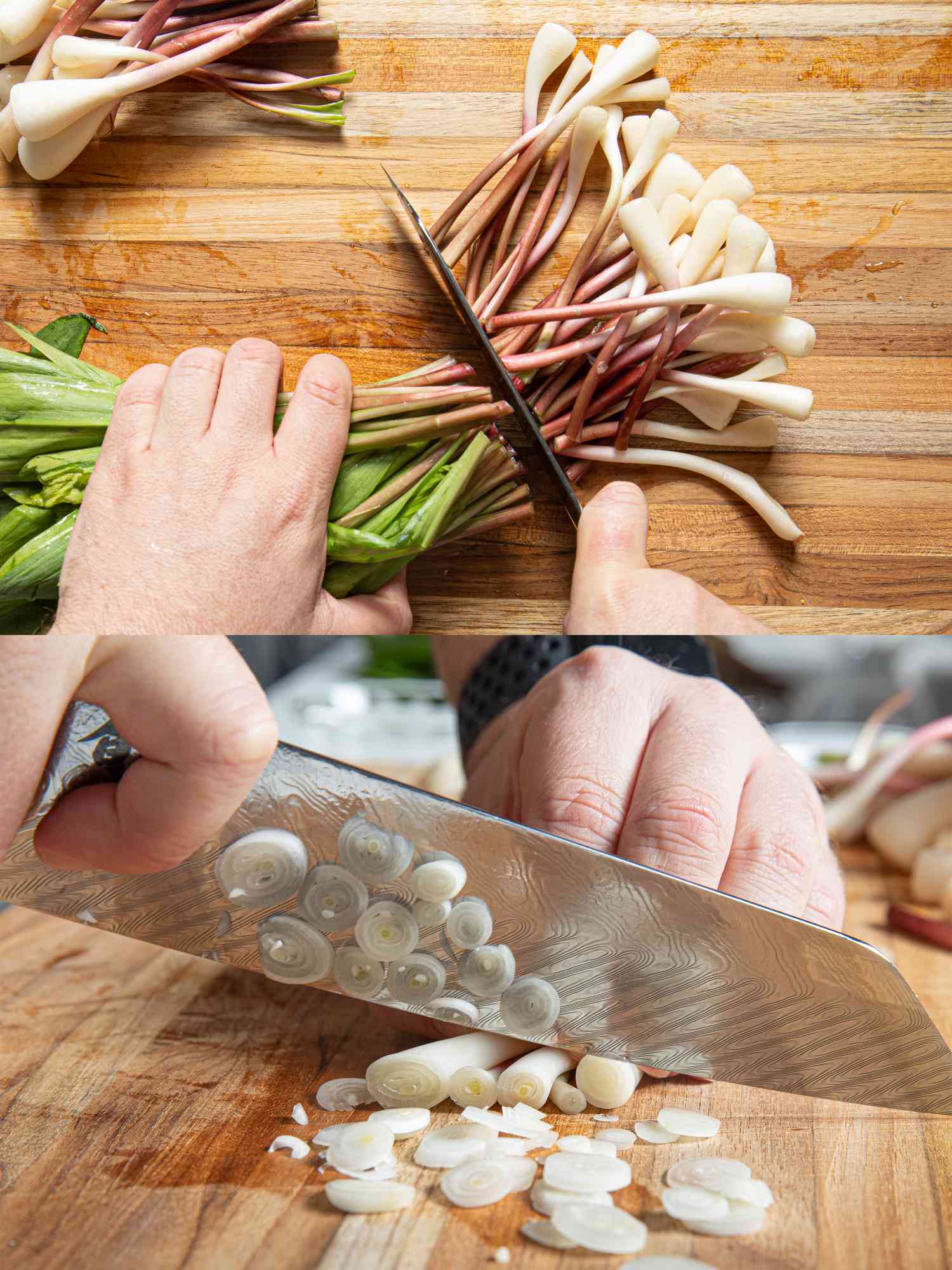 Two image collage of cutting ends of ramps off, and slicing white ends