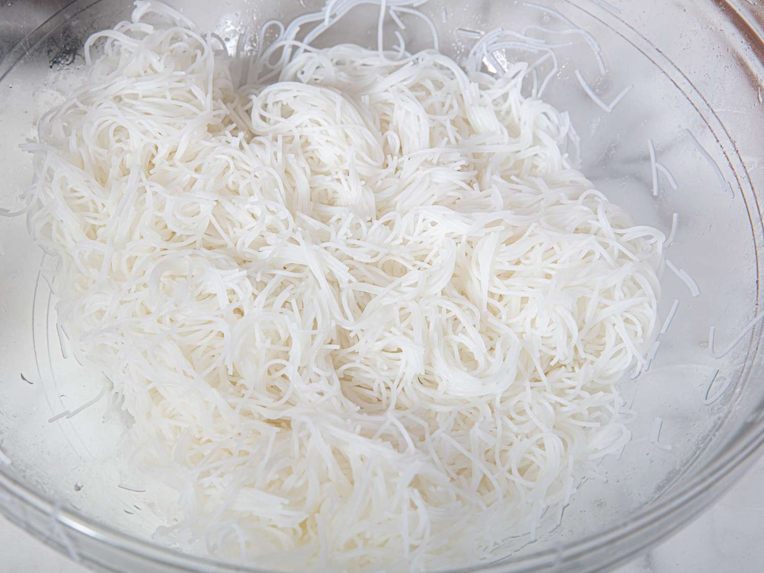 Overhead view of cooked noodles