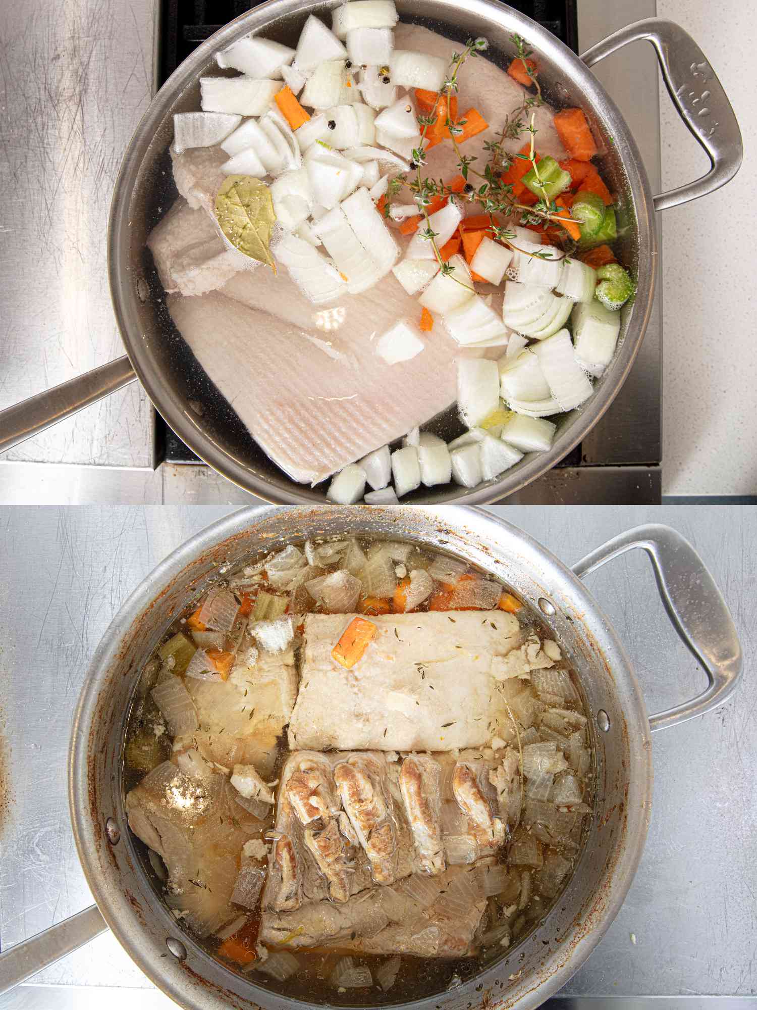Two image collage of pork cooking