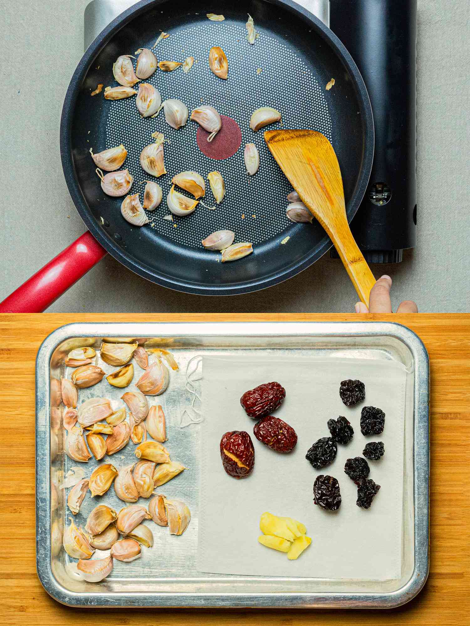 Two image collage of tossing garlic and wrapping up with ginger and fruits in a muslim bag