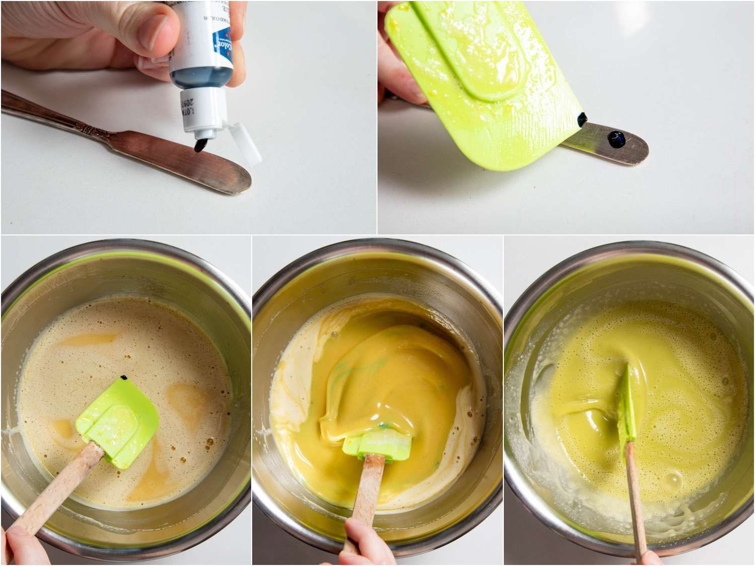 Using a spatula to incorporate a fraction of a drop of blue dye into the ice cream base, to neutralize the yellow undertones of toasted pistachios.