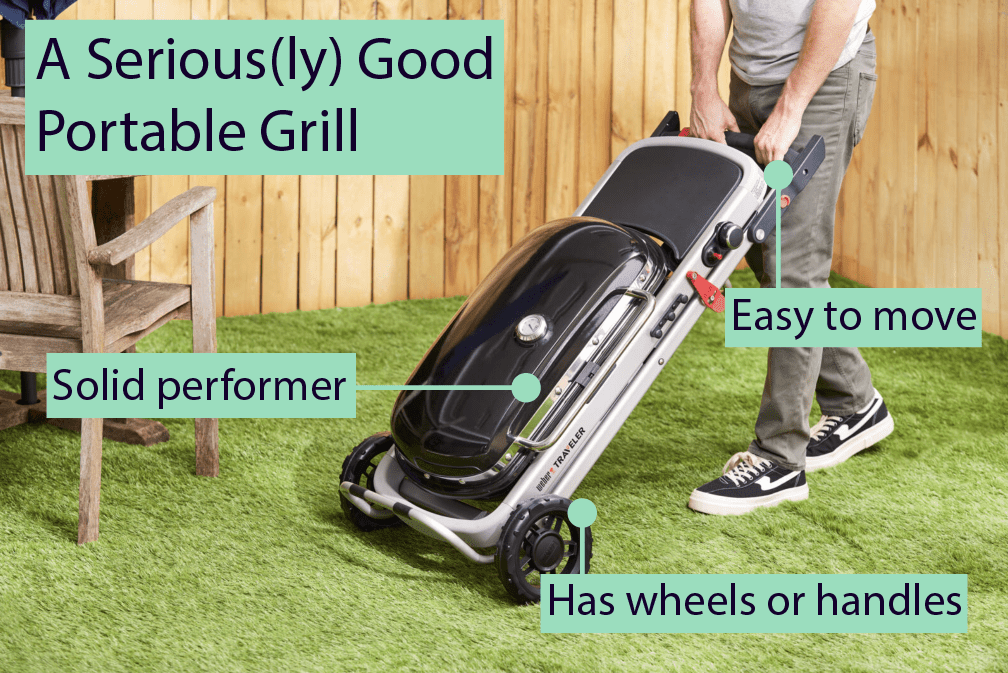 A person moving a portable grill across a yard.