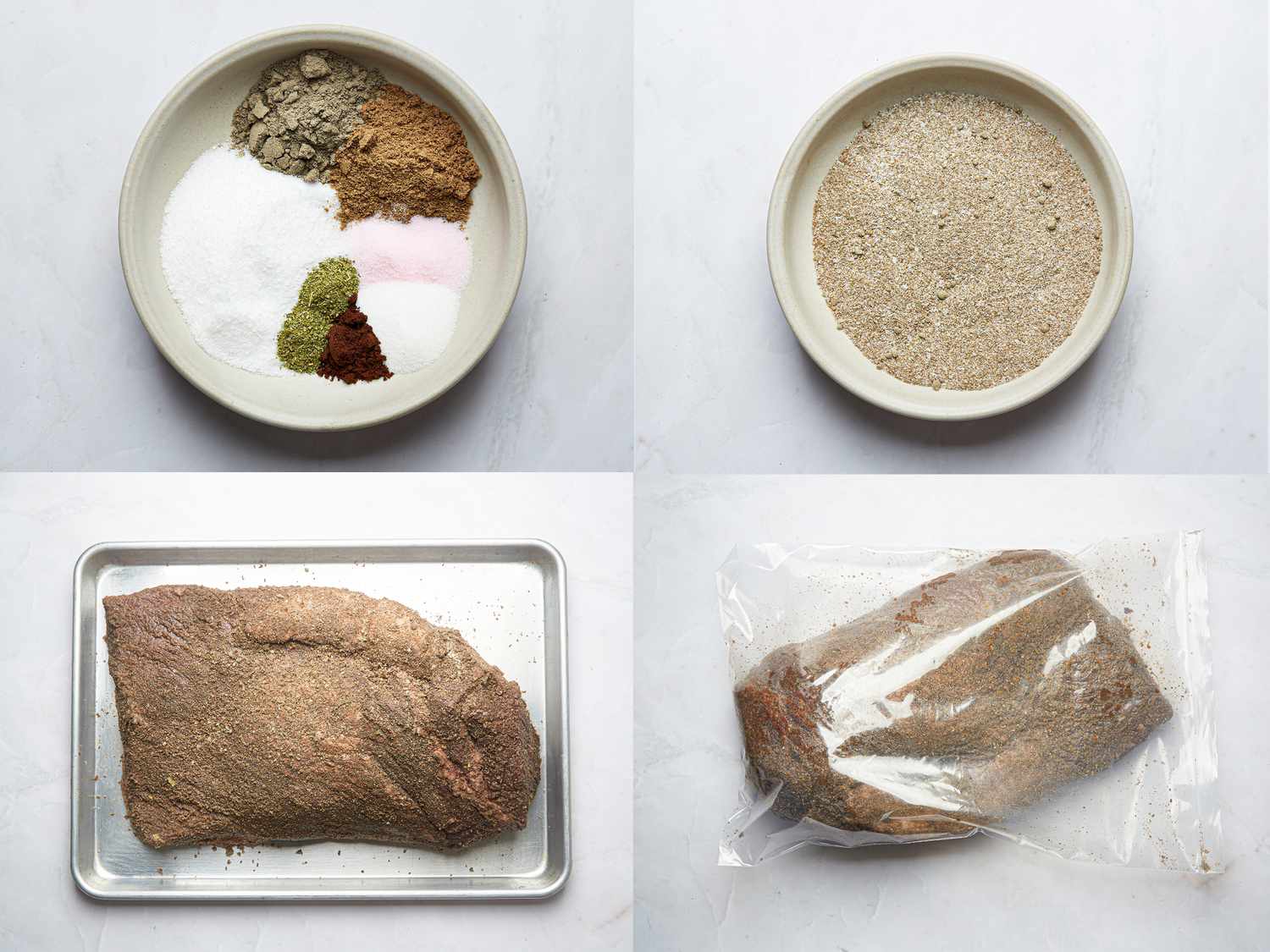 Four image collage of spice before and after being mixed and meat rubbed with spice mixture