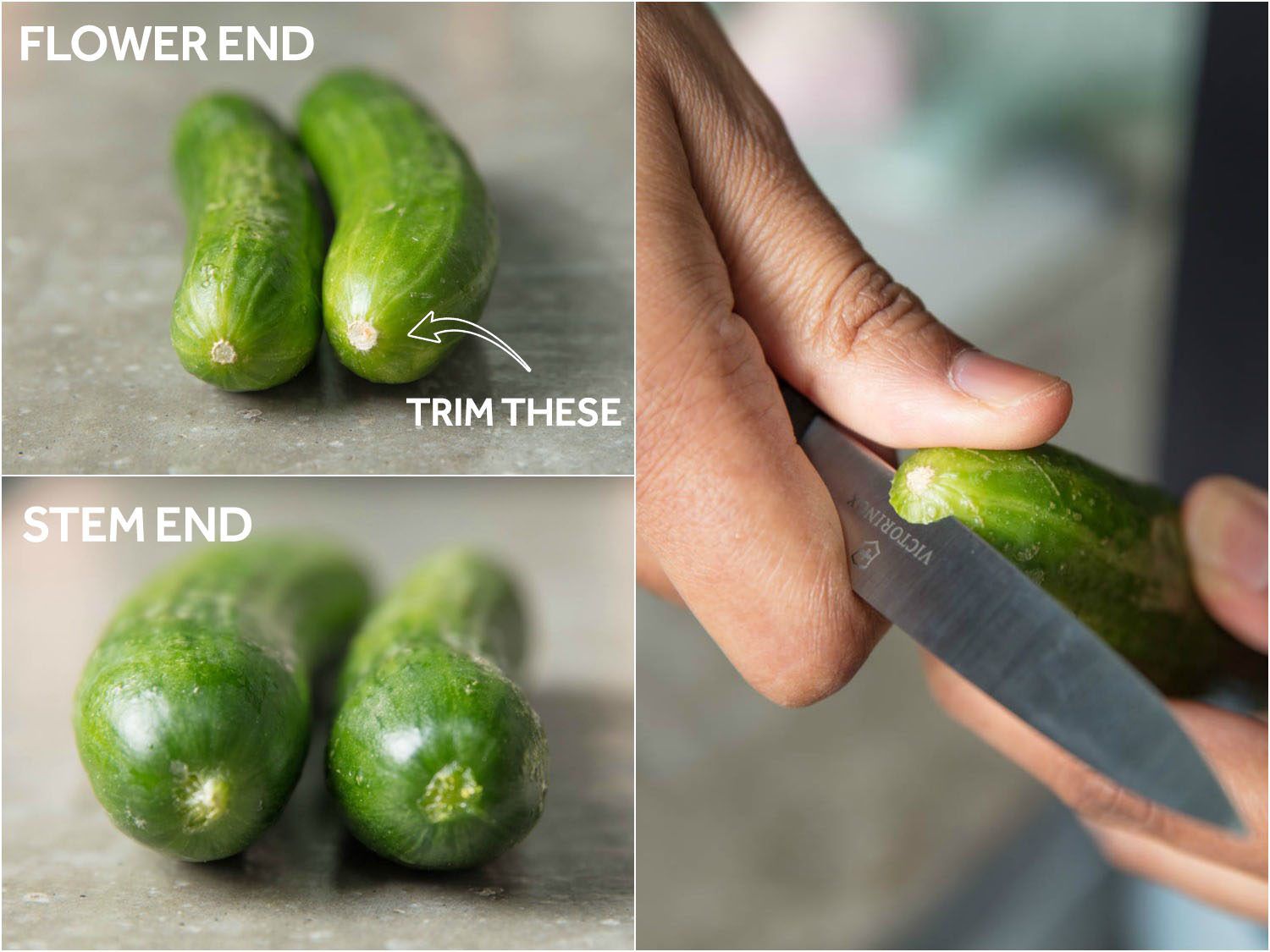 Collage of three photos depicting how to identify which end of cucumbers to trim before pickling. Counterclockwise from top left: View of two cucumbers from end from which flowers bloom; view of two cucumbers from the stem end; photo depicting hand using paring knife to trim flower end.