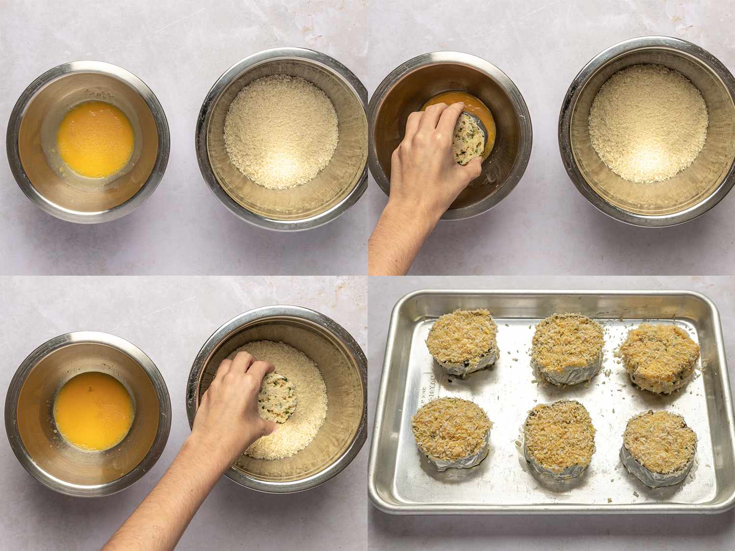 A four-image collage. The top left image shows two small bowls, side-by side. One holds an egg beaten until homogenous, and the other holds bread crumbs. The top right image shows a hand dipping the cut surface of crab disk in the egg. The bottom left image shows a hand dipping the cut surface of a crab disc in bread crumbs, pressing down to adhere. The bottom right image shows a quarter sheet pan holding six crab cakes, each with one side covered in bread crumbs.