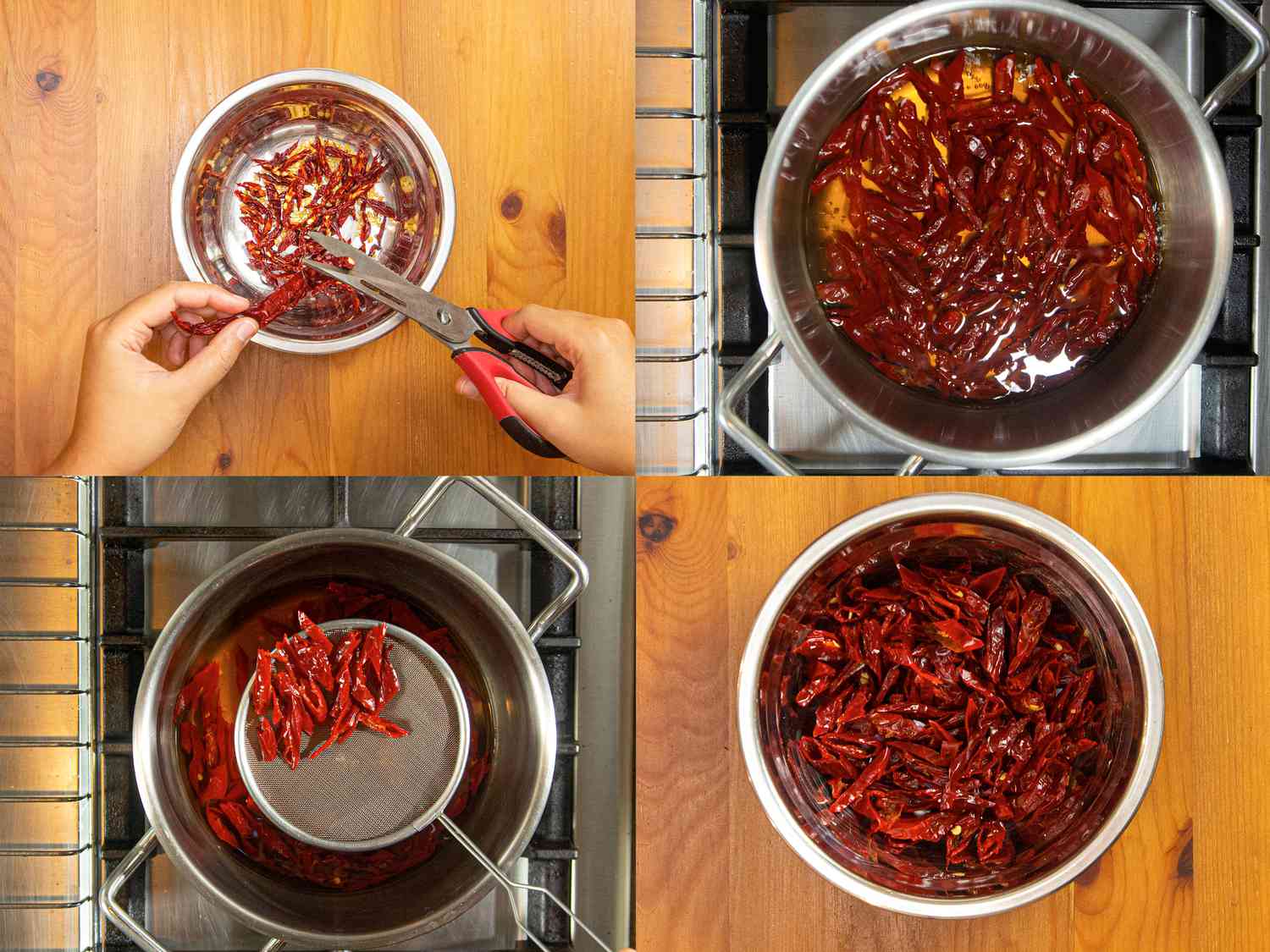 Four image collage of chiles being cut, boiled, strained and placed into a bowl