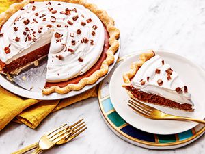 Overhead view of Chocolate French Silk Pie with a slice removed