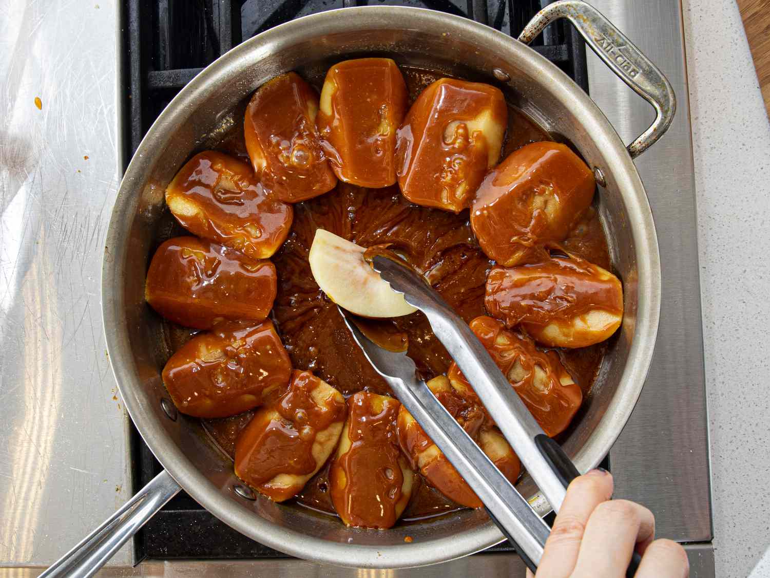 Overhead view of apples in caramel