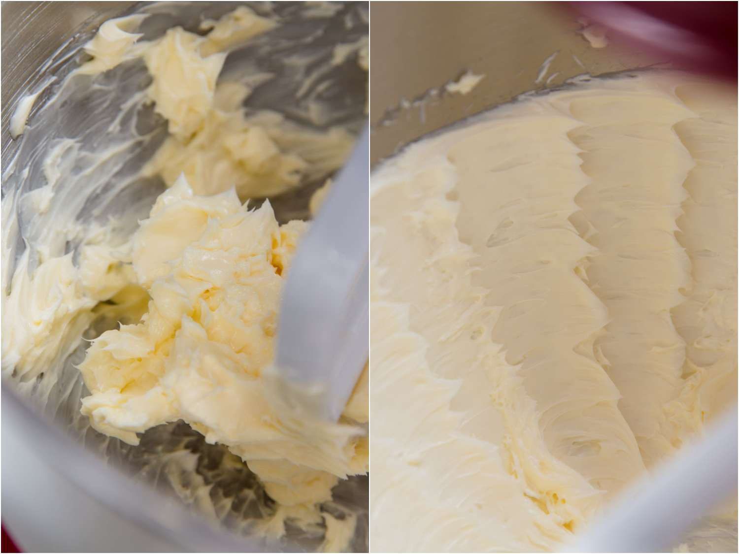 dense and dark butter at the start, creamy light and fluffy butter after creaming