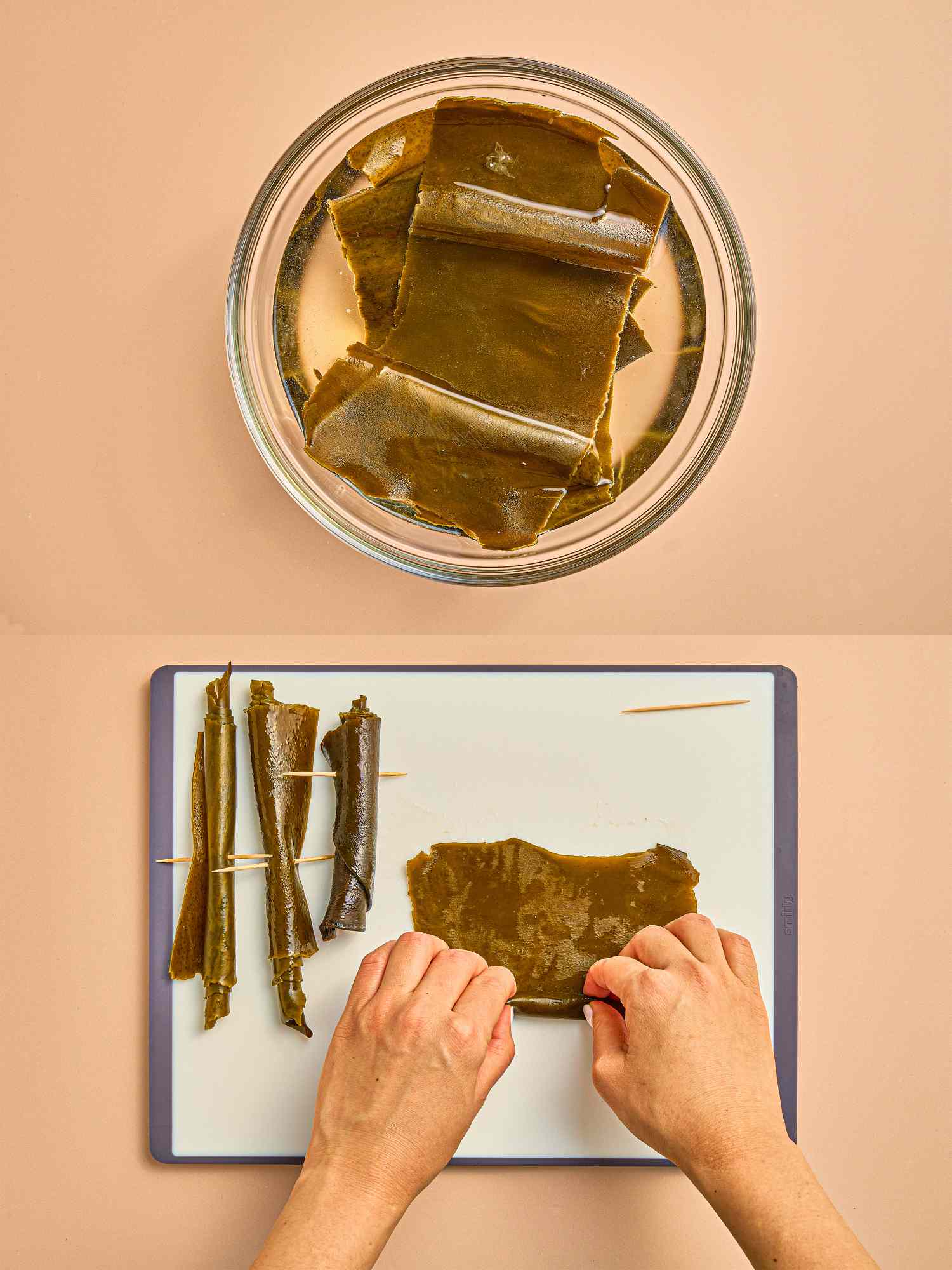 Two image collage of soaking and rolling kombu