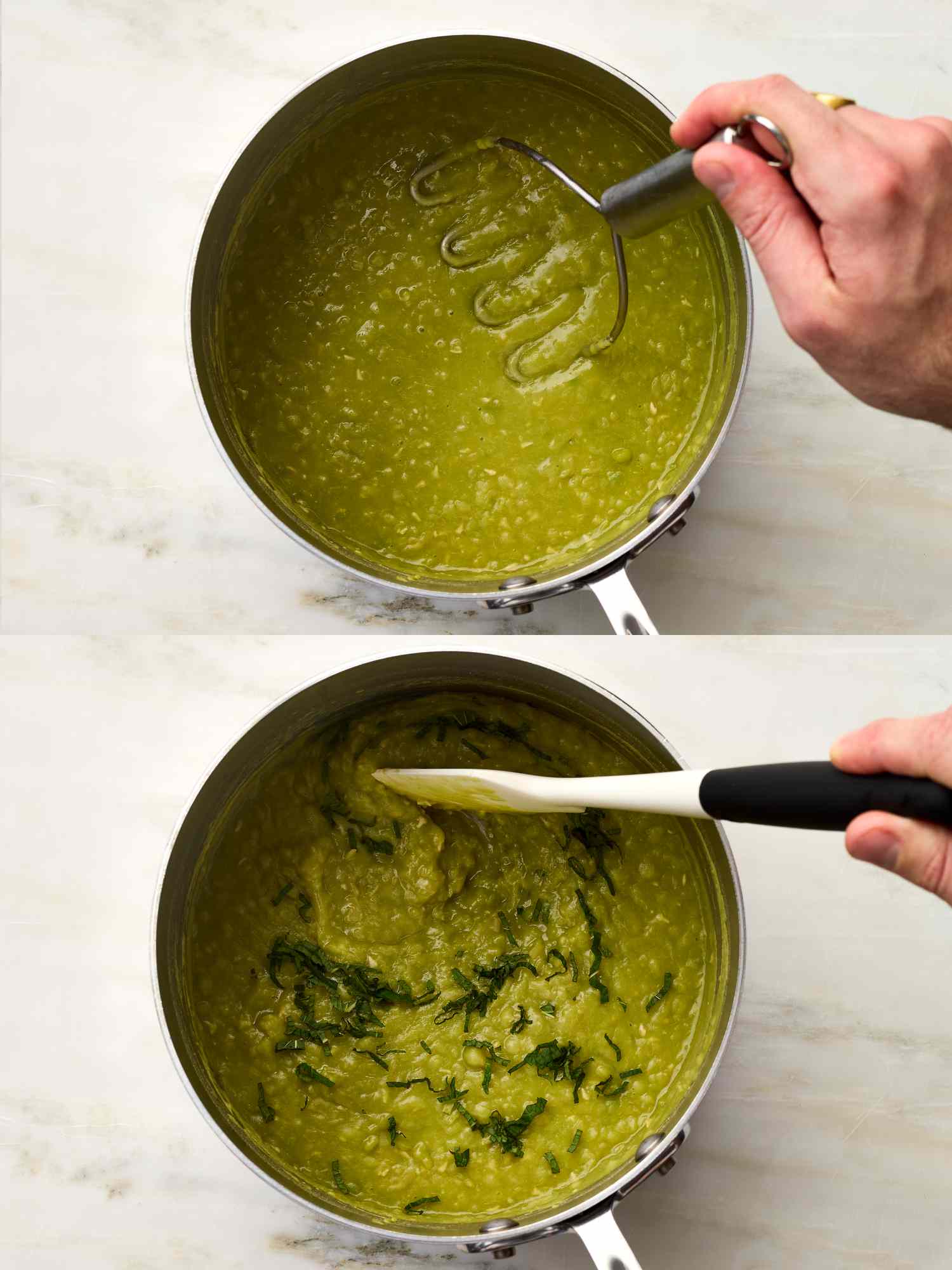 2 image collage. Top: Mashing peas in a pot with a masher. Bottom: stirring with mint added using a spatula