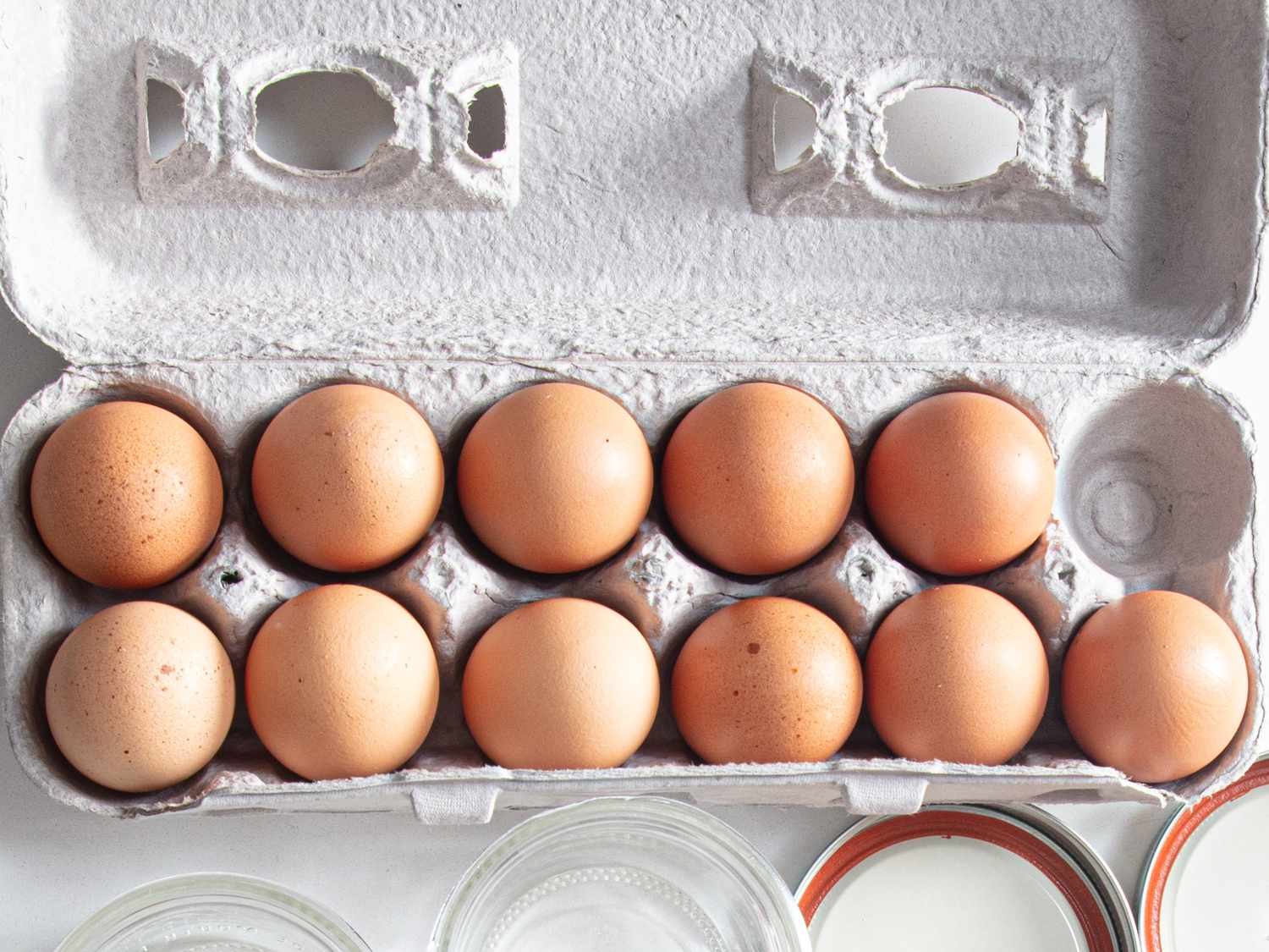 Overhead view of eggs in a carton