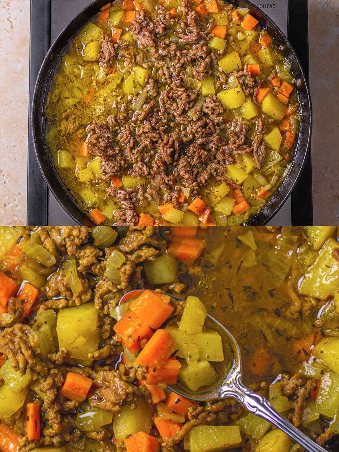 Beef and veggies simmering in a skillet.