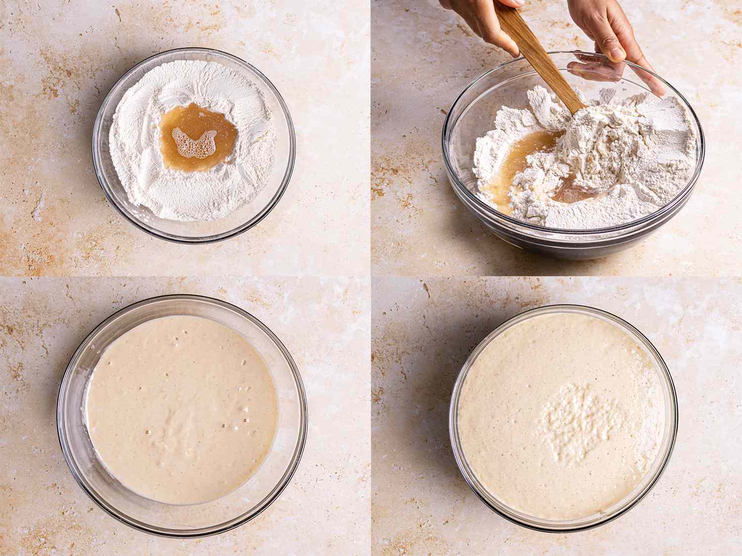 Four image collage. Top Left: vanilla mixture sitting in a shallow indent in the flour. Top right: hand mixing the vanilla and flour in a glass bowl. Bottom left: mixture in a glass bowl. Bottom right: mixture risen in a glass bowl