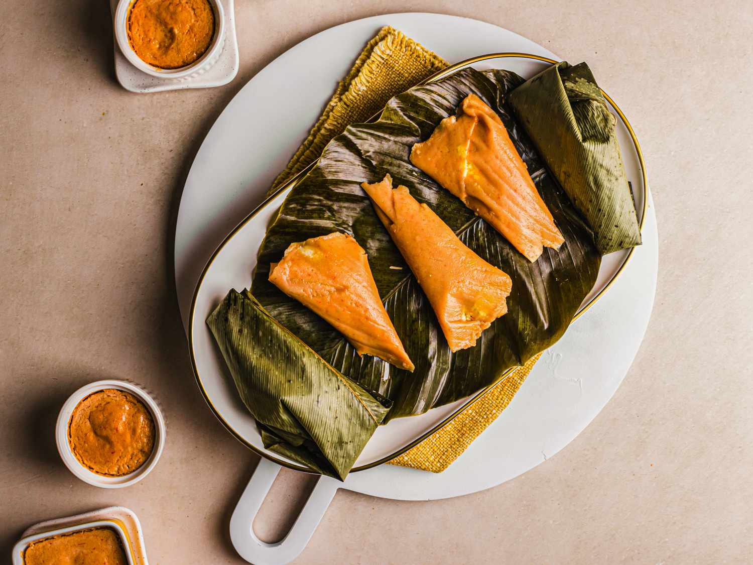 Overhead view of moin moin on leaves