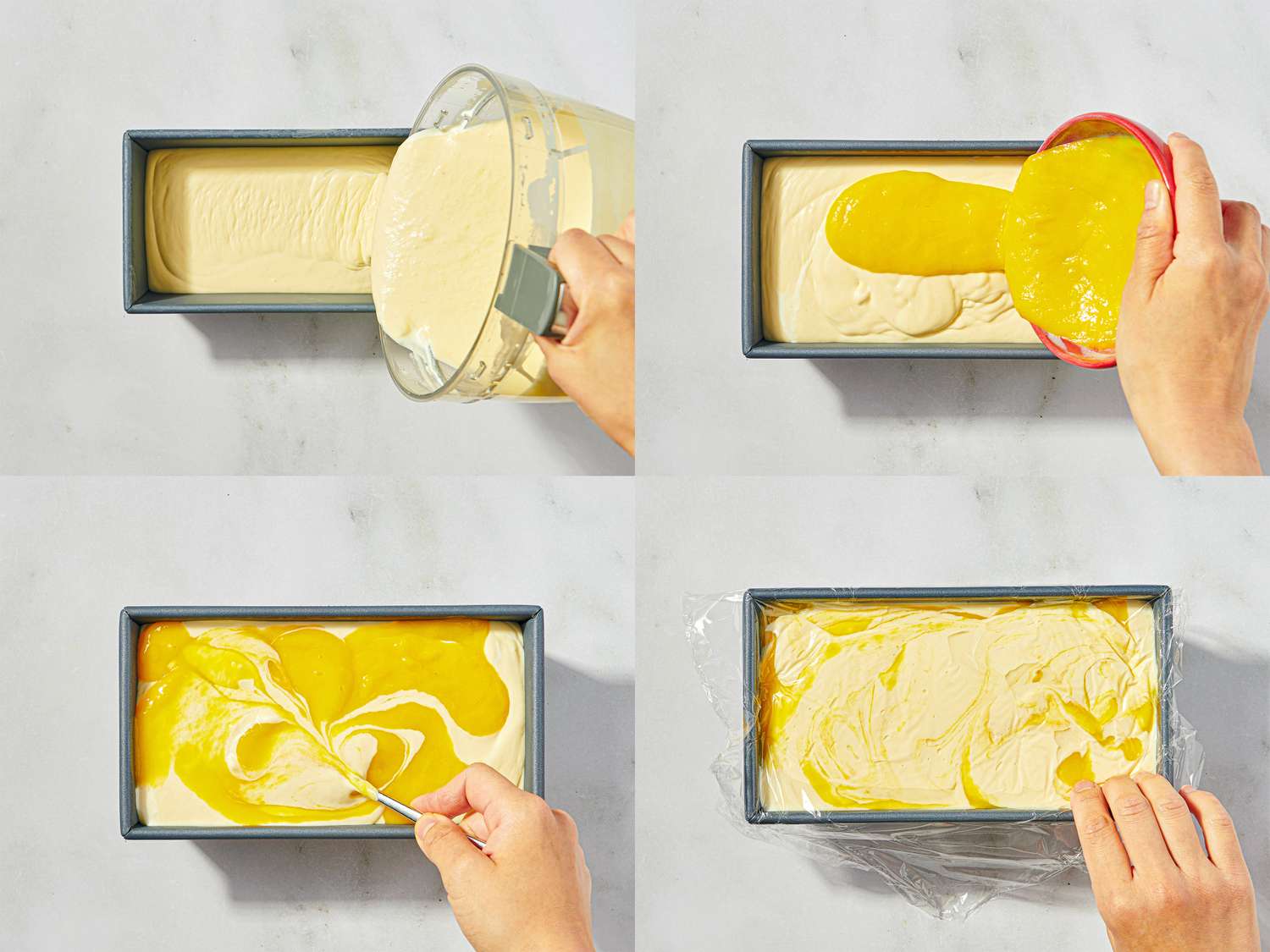 Four steps of preparing mango ice cream featuring pouring layering and mixing