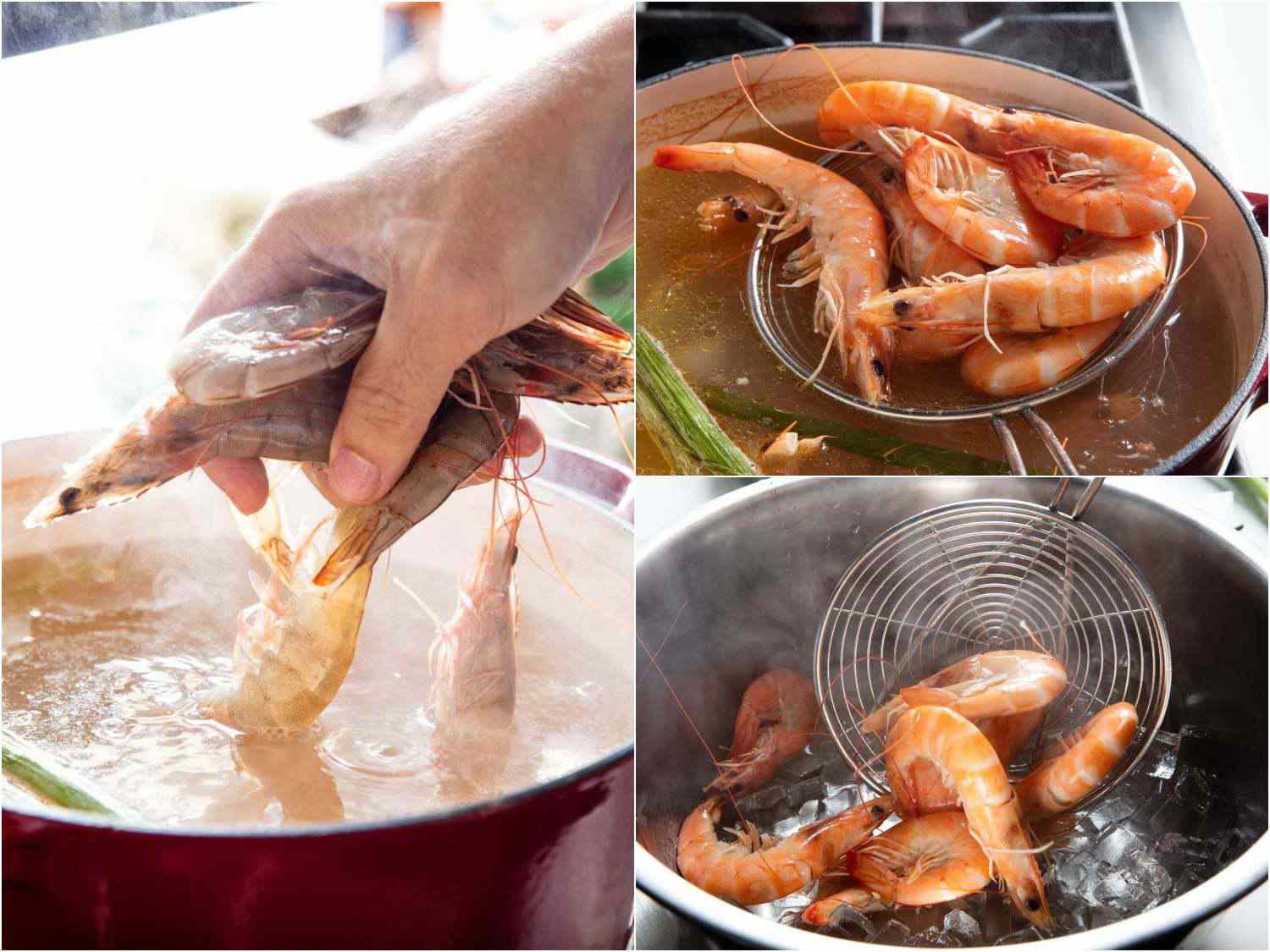 Collage of shrimp being added to stock and then transferred to an ice bath.