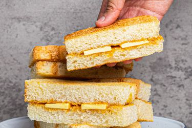 Side view of stack of kaya toast