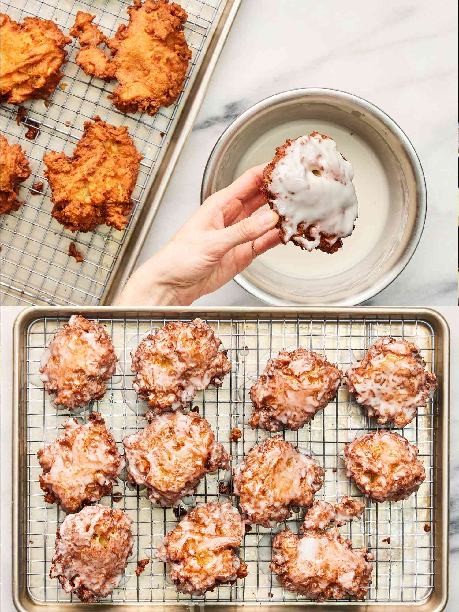 Two image collage. Top: Fritters on a cooling rack, while hand dips one fritter into small bowl with glaze Bottom: Cooling glazed fritters on a cooling rack. 