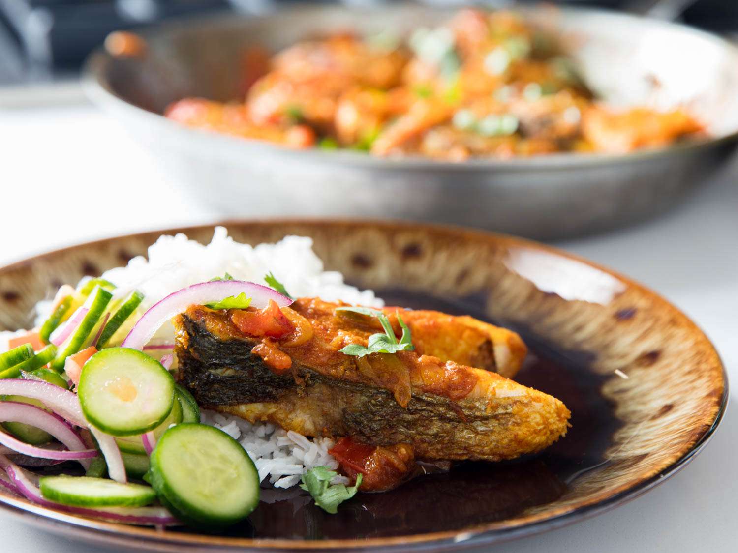 A side view of a plate of fish bhuna with cucumber salad.