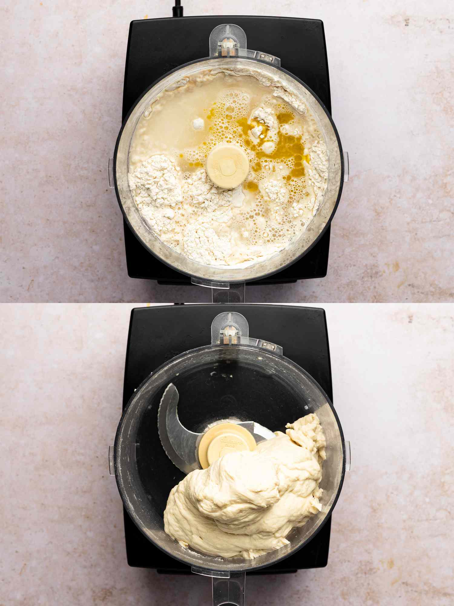 Olive oil and water added to combined flour, sugar, salt, and yeast in food processor bowl 
