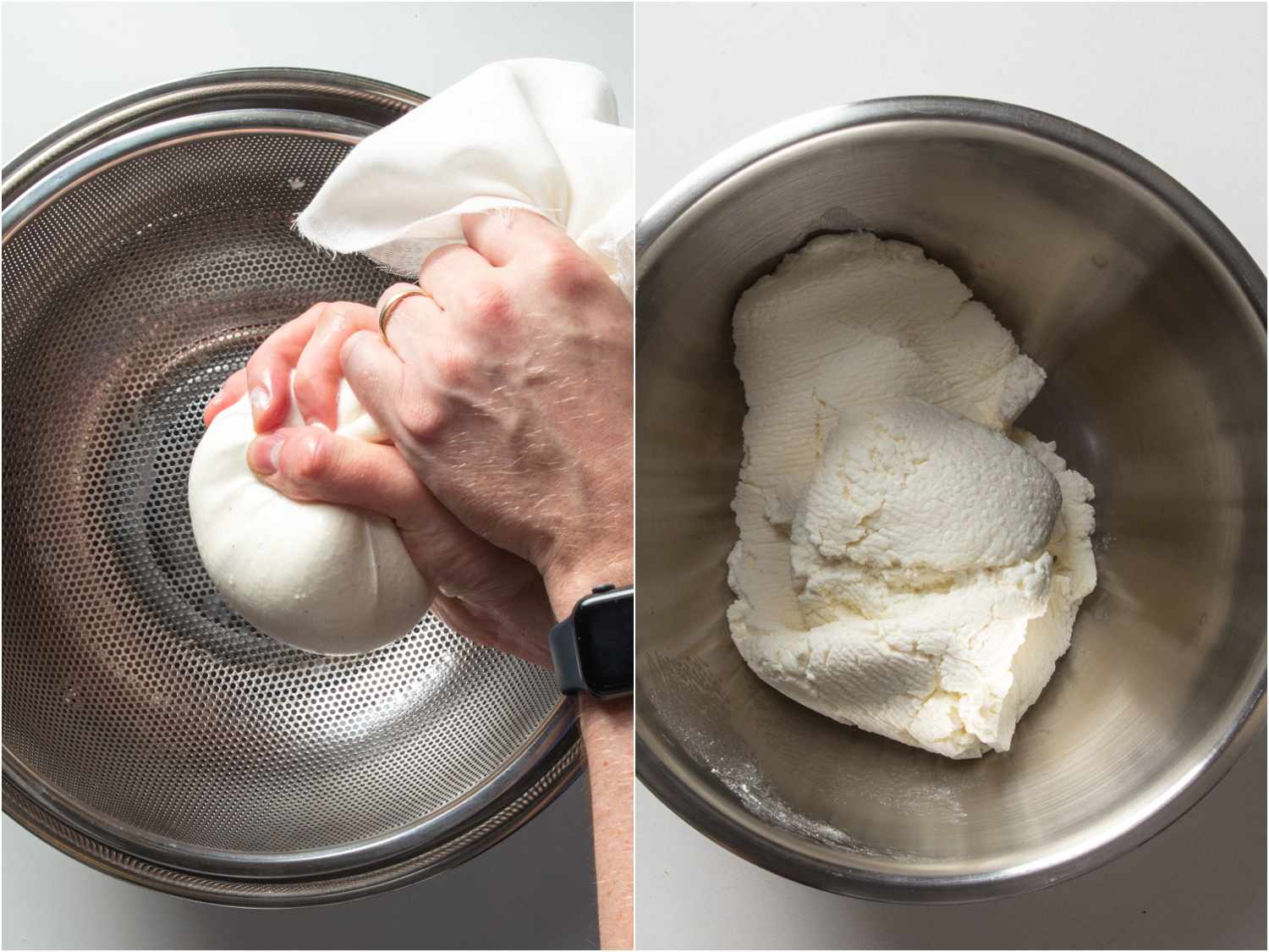 draining ricotta of excess liquid in a cheesecloth; dry ricotta in bowl