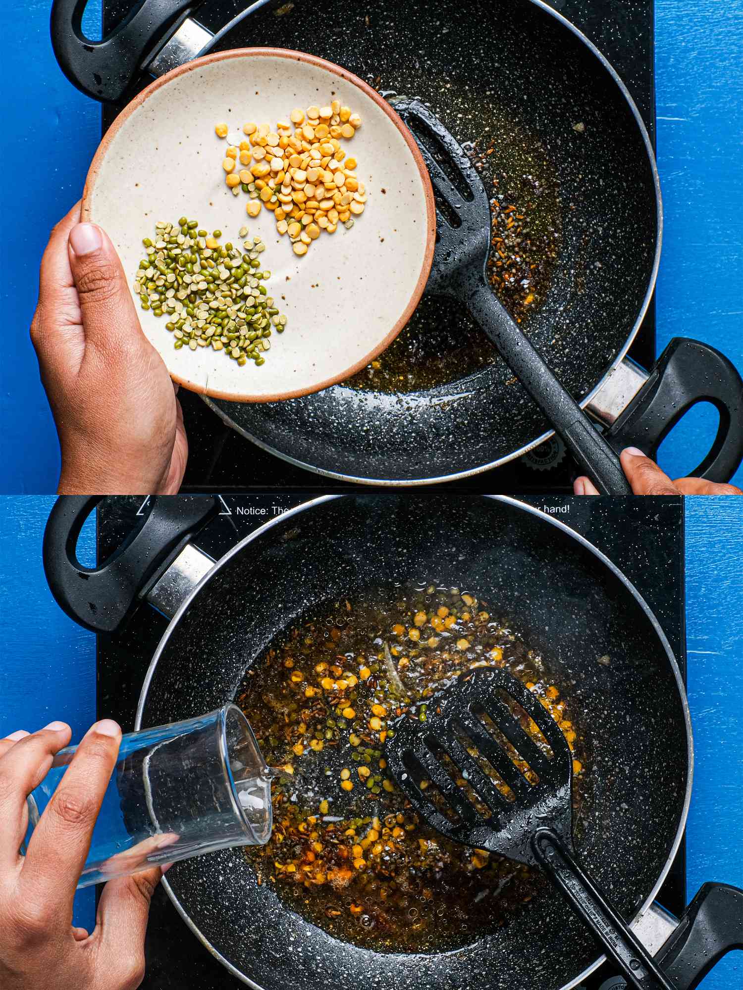 Two image collage of adding dal and water to cumin in pan