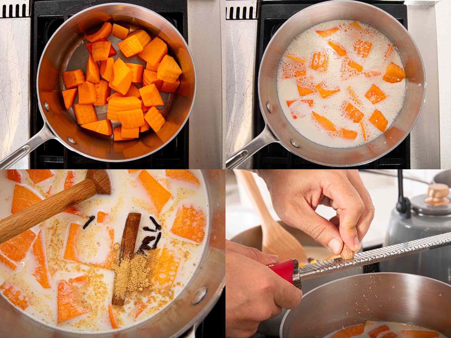 Four image collage of making squash infused milk mixture
