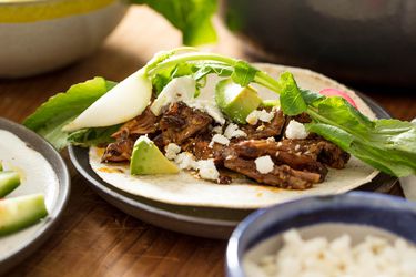 Braised Lamb Shoulder With Dried Chiles and Dates, served as a taco with cotija, avocado, radish slices, and a quartered hakurei turnip and its green top.