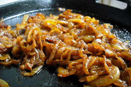 Closeup of caramelized onions.