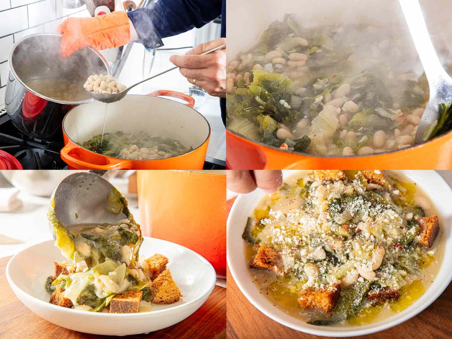 Steps in preparing escarole and bean soup including cooking on the stove and serving in a bowl with croutons and grated cheese