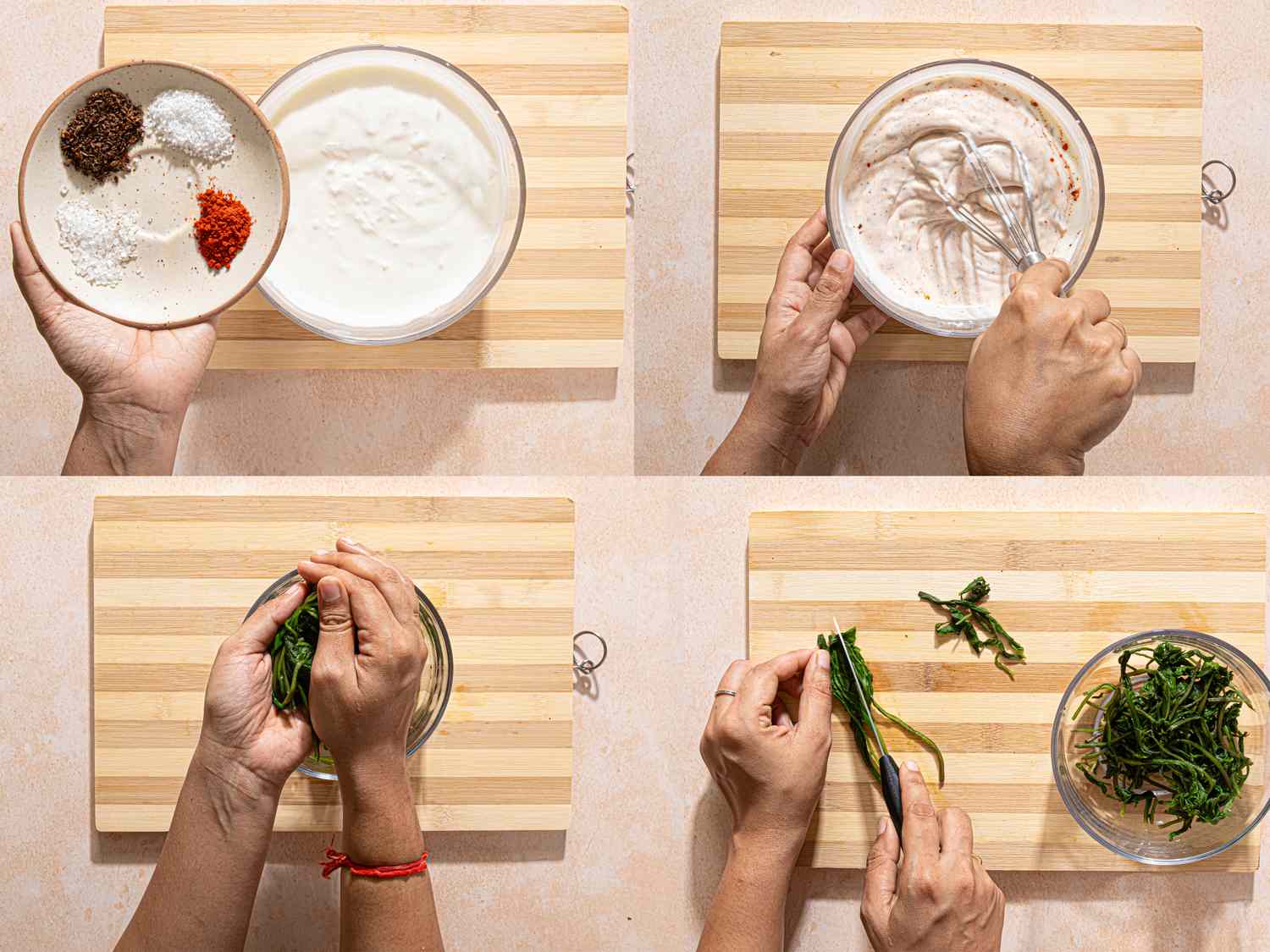 Four image collage of making sauce and chopping spinach