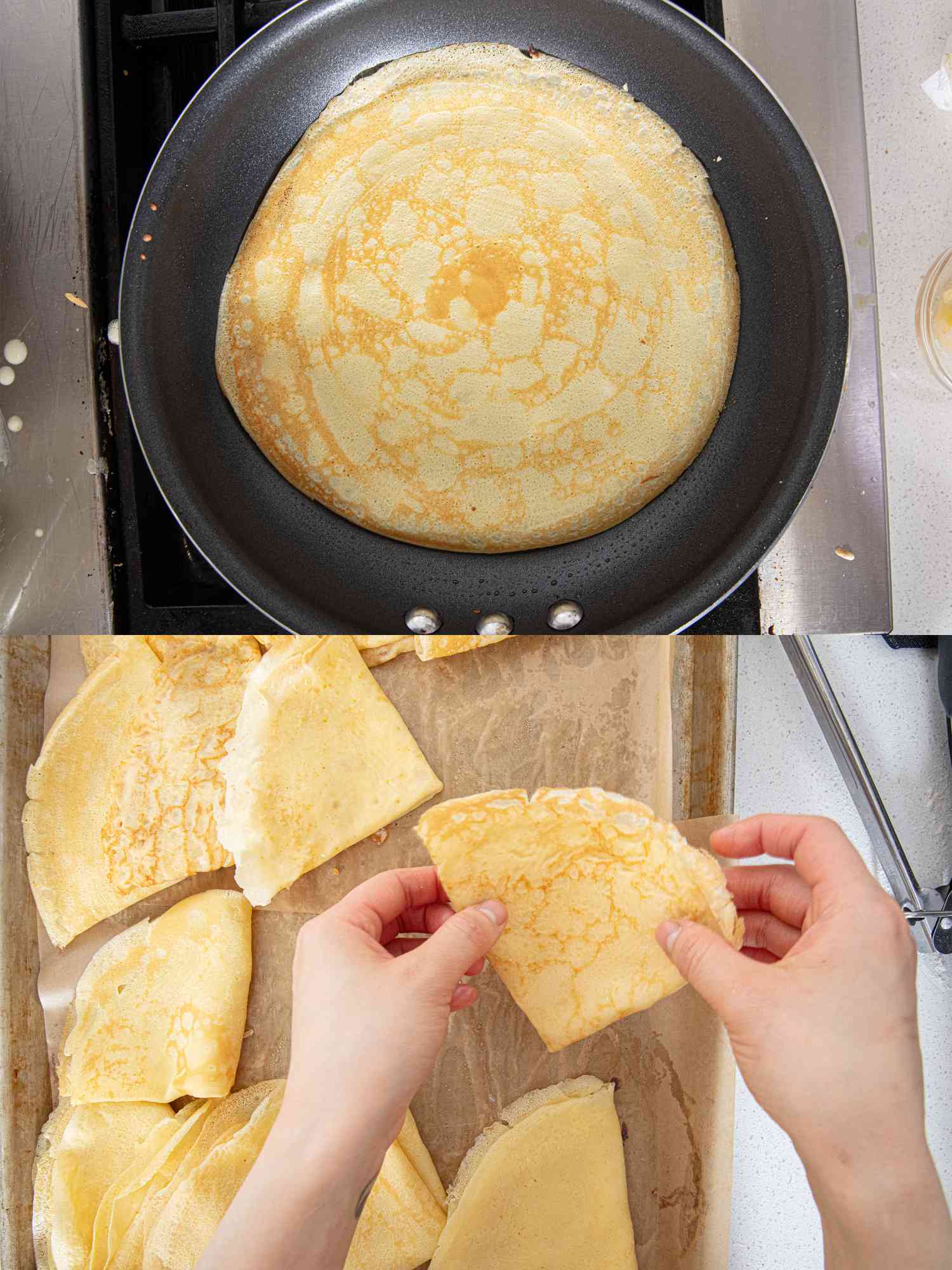 Two image collage of cooking and folding crepes