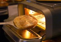 a person removing a naan from a pizza oven