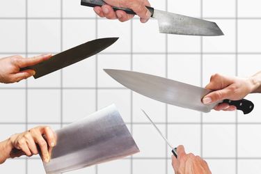 Four hands holding different types of knives